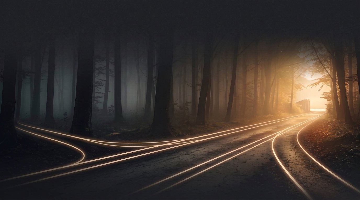 Three glowing paths through a dark forest converging toward the light